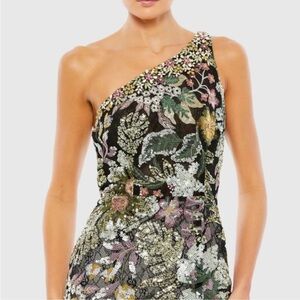 Mac Duggal Floral One-Shoulder Dress - Green and Yellow